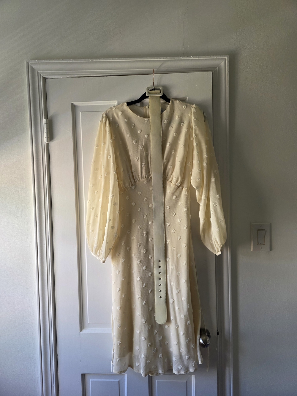 Chicwish Cream Midi Dress with Puff Sleeves and Floral Appliqué